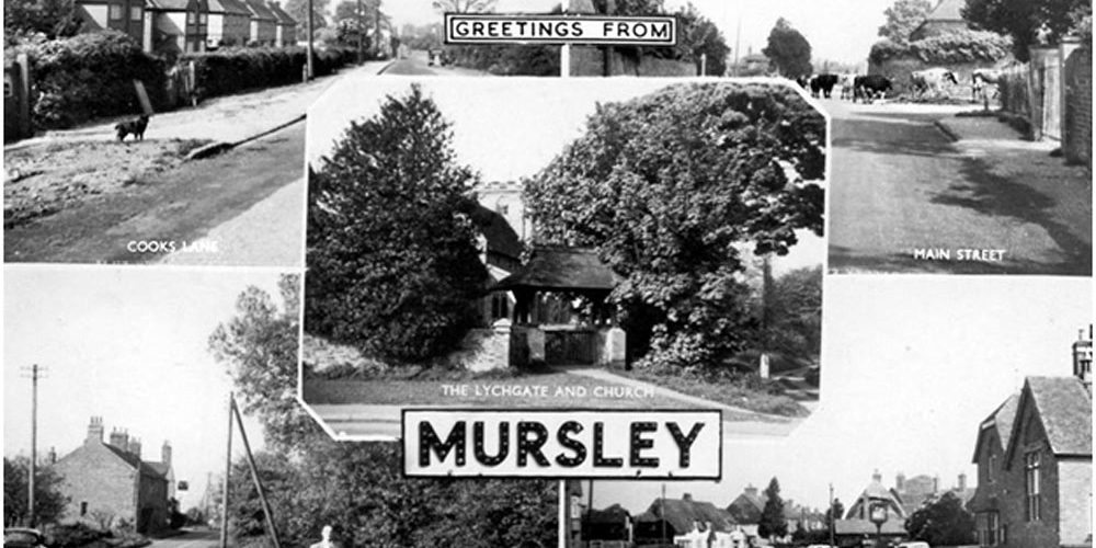 Black and white postcard with views of Mursley, labelled Greetings from Mursley.